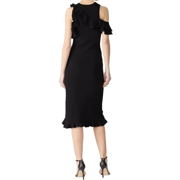 ALC Kellam Black Ribbed Cold Shoulder Ruffle Trim Stretch Knit Midi Dress Large - Picture 3 of 16